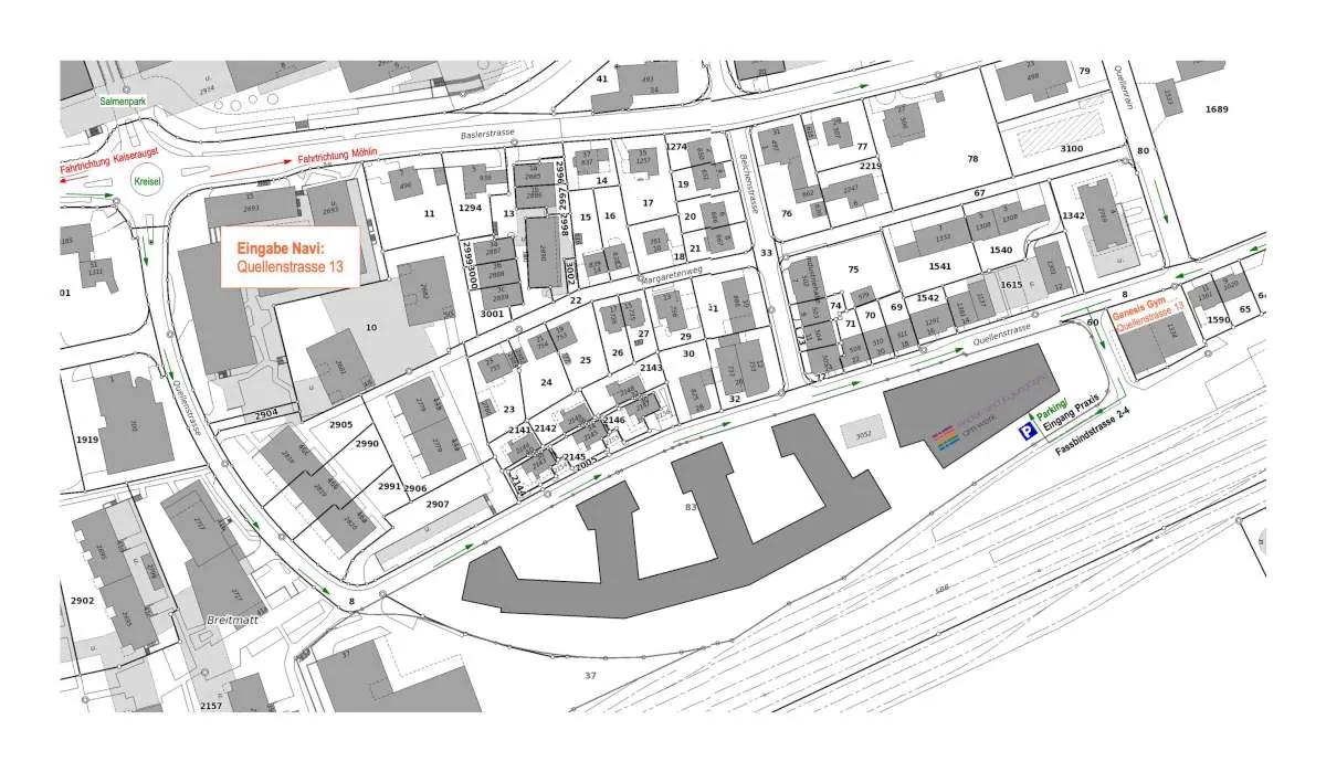 Anfahrtsplan mit der Lage der Praxis an der Fassbindstrasse in Rheinfelden