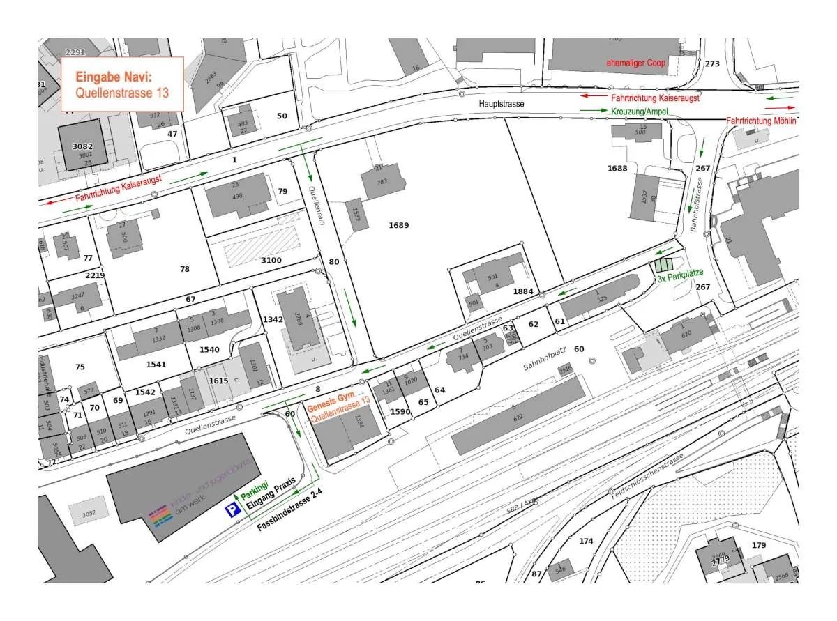 Detailplan mit Eingang und Einfahrt zur Parkgarage der Praxis an der Fassbindstrasse 2–4 in Rheinfelden